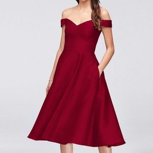 DAVID'S BRIDAL off-the-shoulder tea-length cocktail dress 10 (bridal size 14)